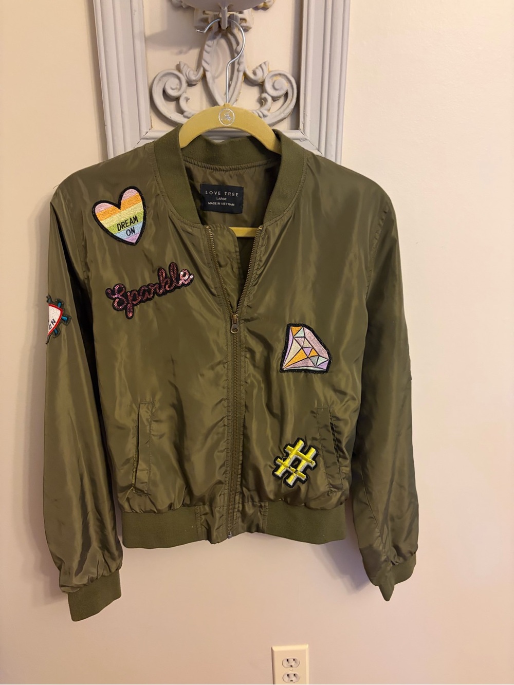 Love Tree Olive Green Bomber Jacket with Embroidered Patches